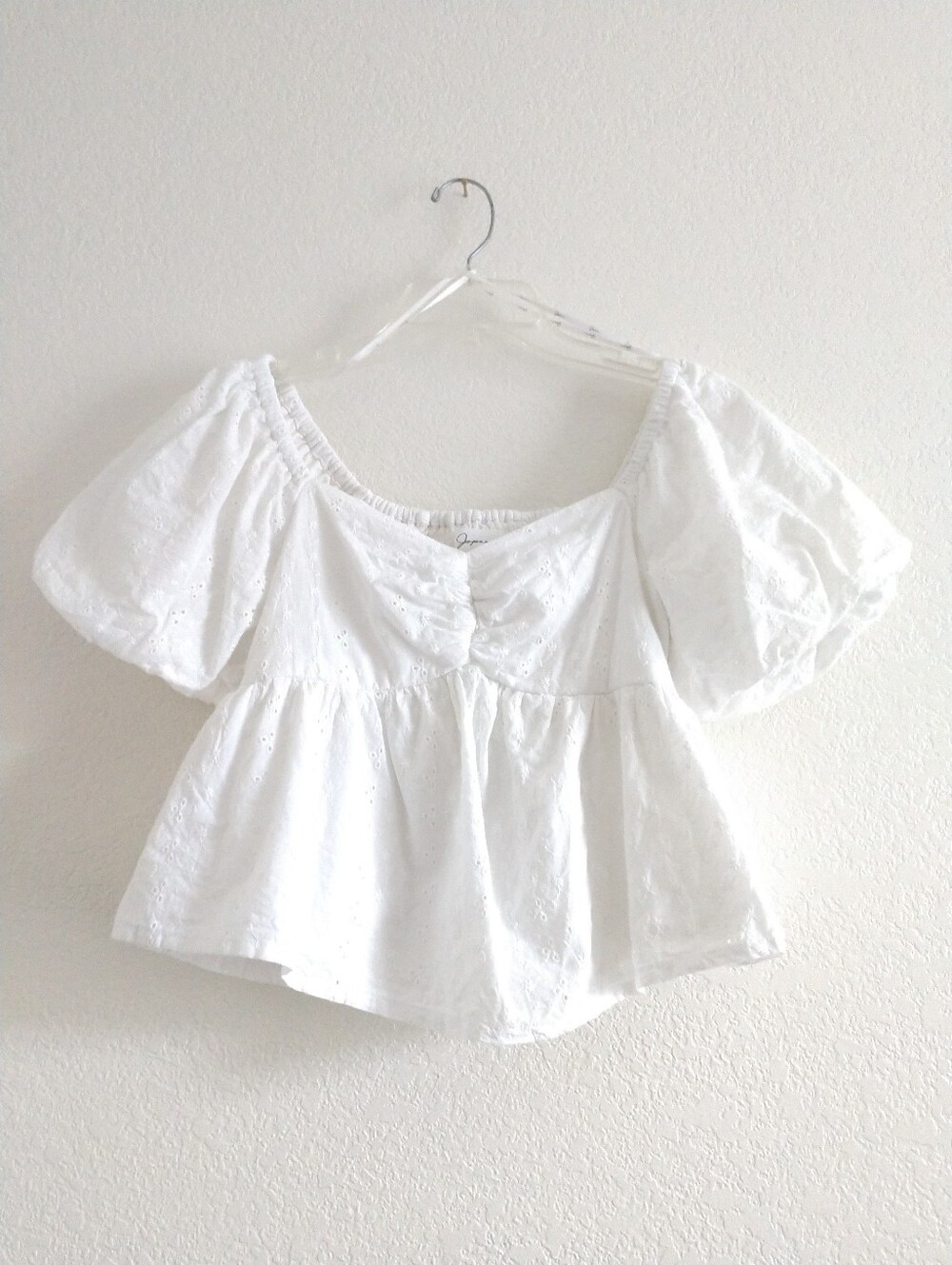 Adorable Japna White CROP Peasant Top Coquette White Eyelet Puff Sleeves Small - Picture 12 of 12